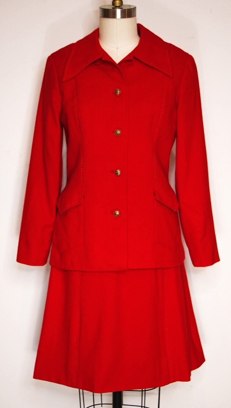 Vintage 70s Red Skirt Suit Custom Made by Agnes Pierson Wool Blend Lined XSmall